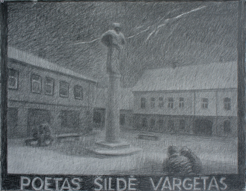 Aistė Kirvelytė. „Naktimis poetas šildė vargetas". 2013, popierius, pieštukas, 50x65 cm.