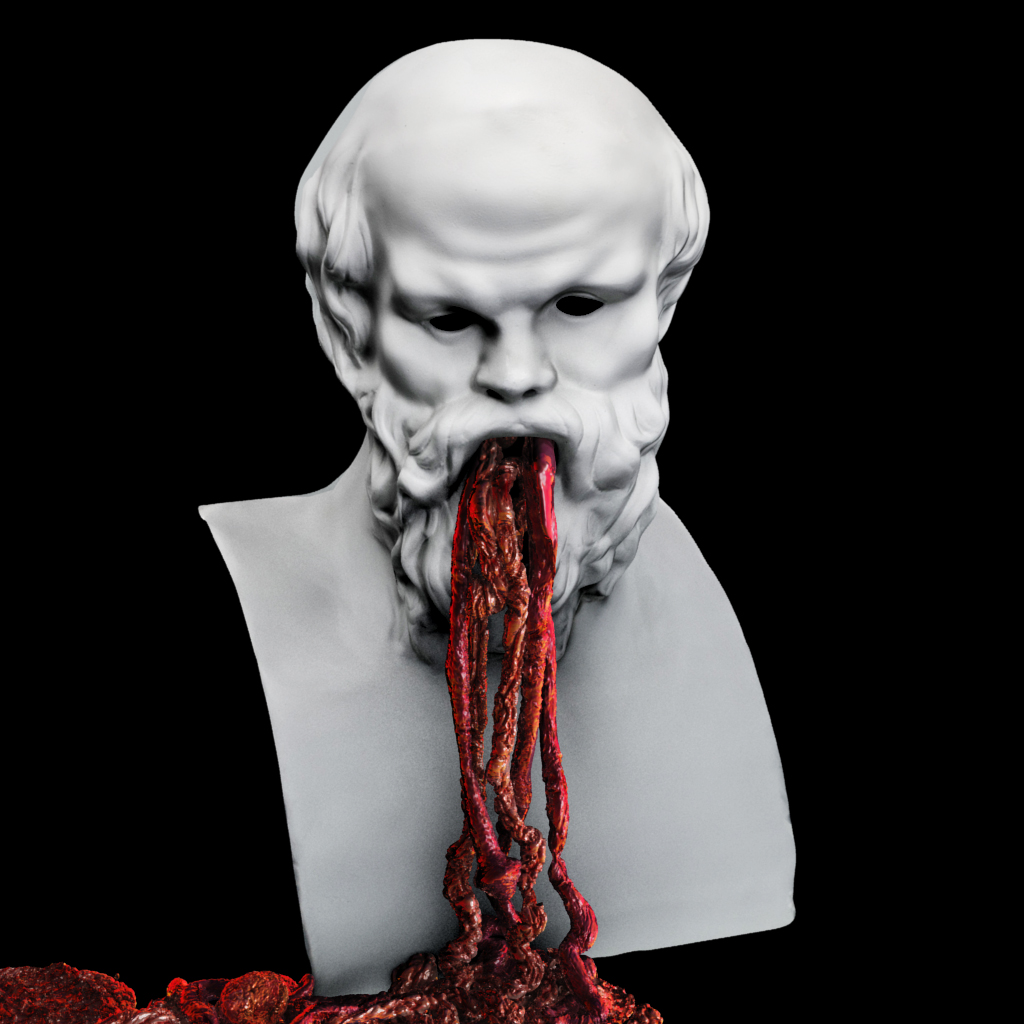 Rimas Sakalauskas. Instaliacija „Posėdis. Sokratas“, trimatė videoprojekcija, skulptūra, 2015
