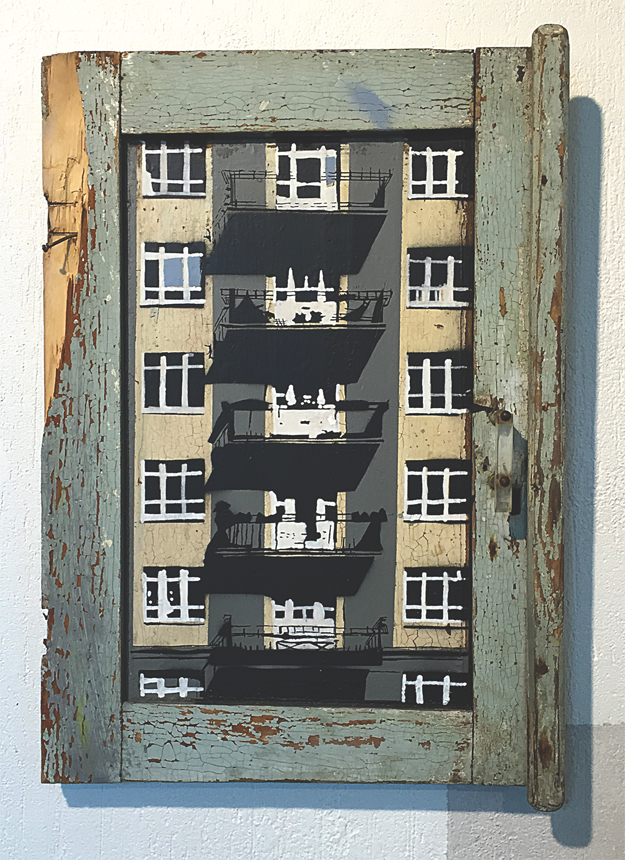 Jurgis Tarabilda. „Pro langą“, mediena, aerozoliniai dažai, 51 x 34,5, 2016