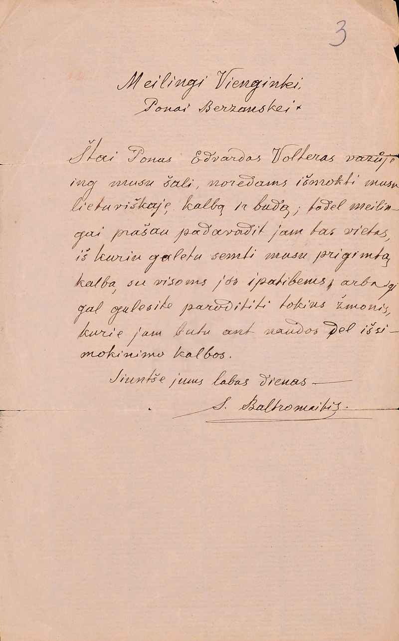 Silvestro Baltramaičio laiškas Beržanskiams dėl pagalbos Eduardui Volteriui Lietuvoje. 1884 m. gegužės 27 d. Sankt Peterburgo Mokslų akademijos archyvas