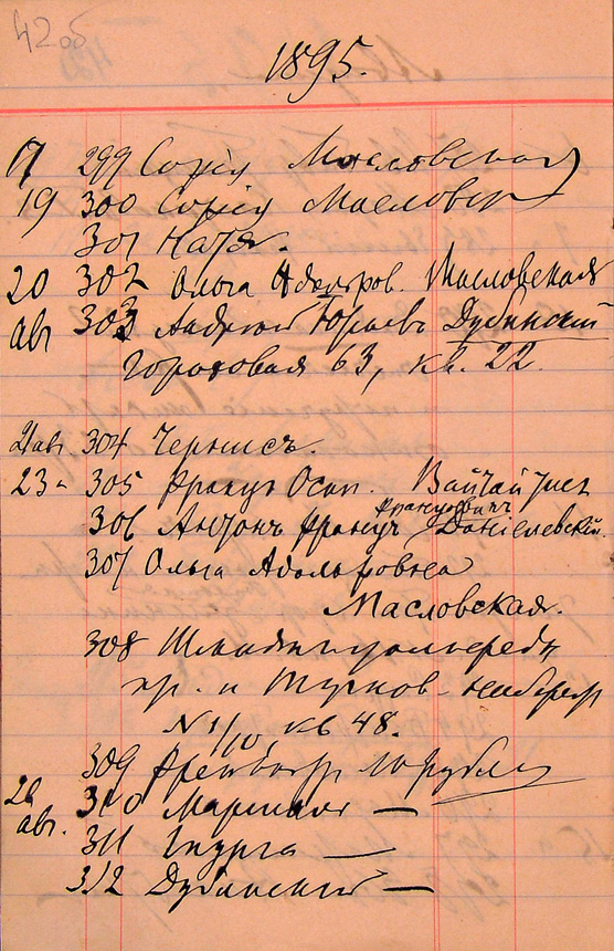 Eduardo Volterio „Svečių ir lankytojų sąrašo“ 1895 m. rugpjūčio mėnesio lapas. Nr. 305 žymi pirmąjį Prano Vaičaičio vizitą. Rusijos mokslų akademijos archyvo Sankt Peterburgo filialas