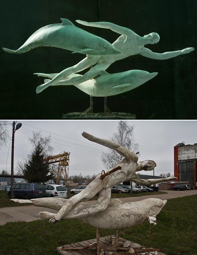 3 pav. G. Žuklio „Žmogus ir delfinai“. Viršuje – plastilino modelis, 1977 m., apačioje – gipso modelio likučiai, 2017 m. 