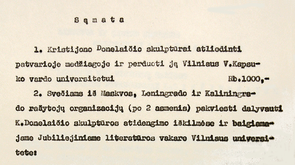 1 pav. K. Donelaičio paminklo sąmata, 1964 m. 