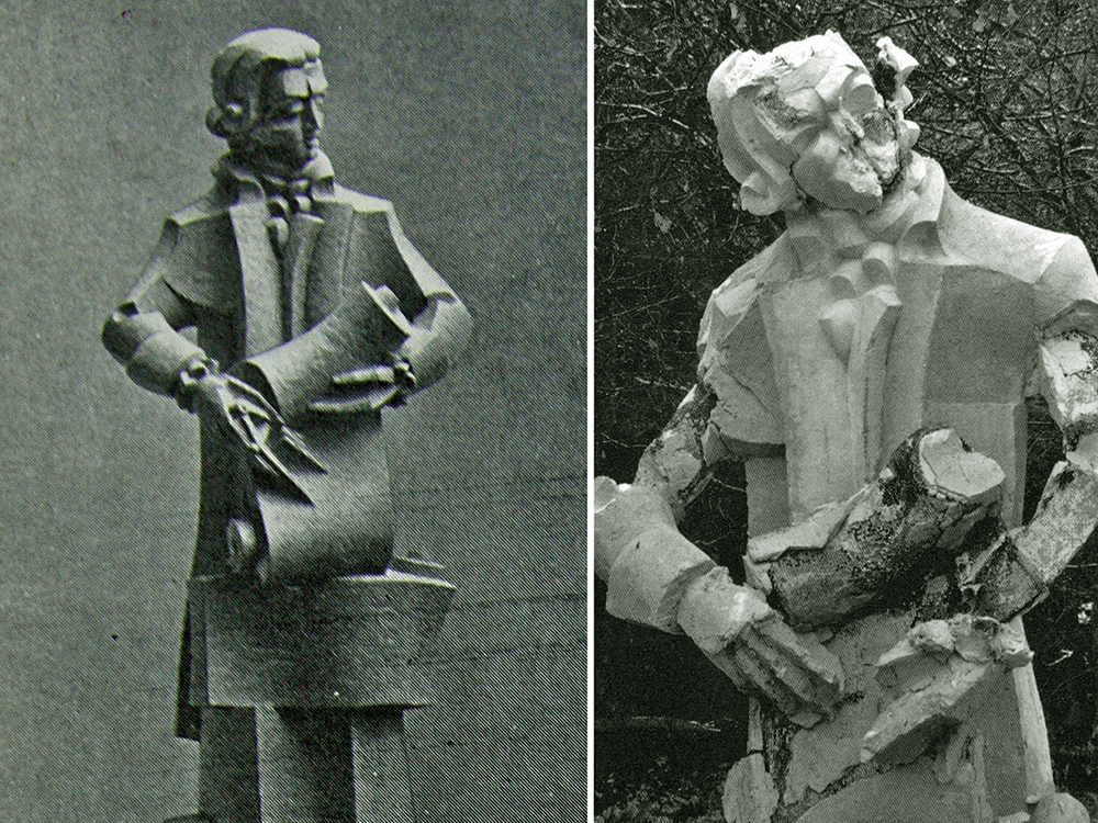 4 pav. 1981 m. komisijos patvirtintas Vlado Vildžiūno sukurtas Lauryno Gucevičiaus skulptūros maketas  |  5 pav. Suskaldytas gipsinis modelis