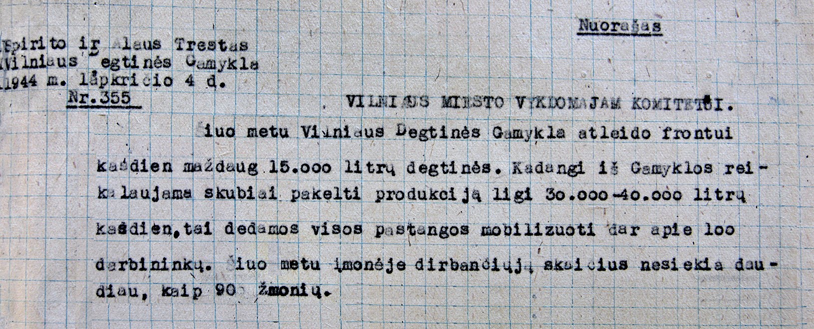 2 pav.  Vilniaus degtinės gamyklos direktoriaus raštas, 1944-11-04, VAA, f. 761, ap. 9, b. 8, l. 9.