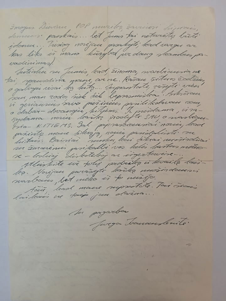 Jurgos Ivanauskaitės laiškas