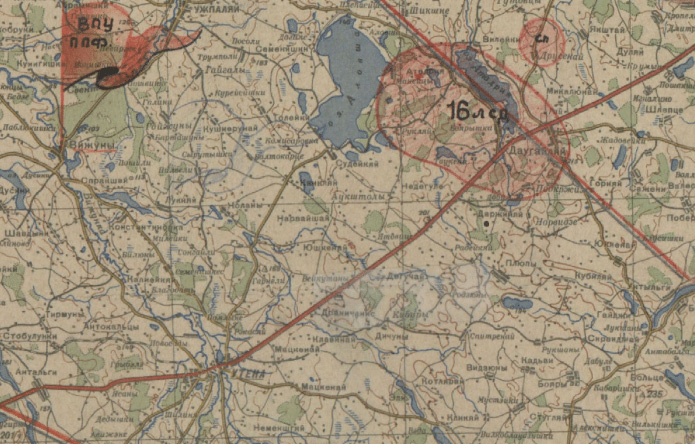 1-ojo Pabaltijo fronto dalinių išsidėstymo 1944 07 23 žemėlapio fragmentas. 16-oji šaulių divizija ties Daugailiais.