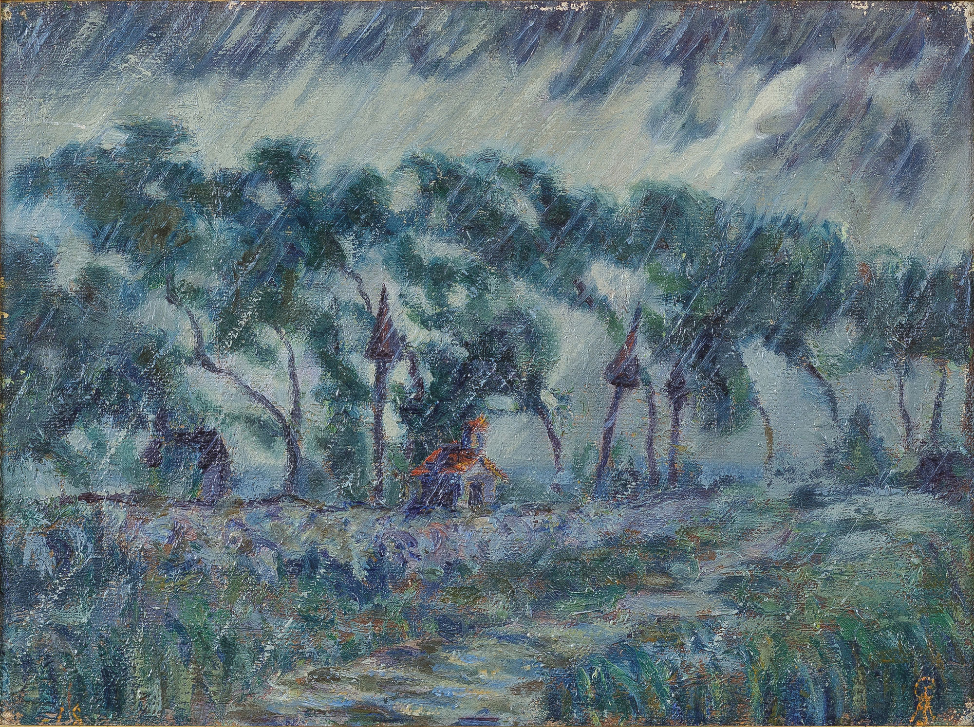 Adomas Galdikas. „Koplytėlė lietuje“, drobė, aliejus, 24,5 x 33,5, 1918