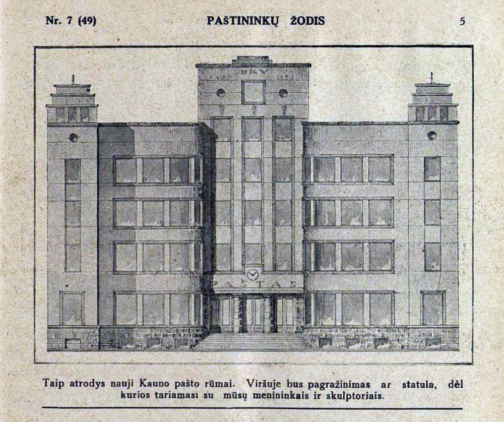 Kauno pašto architektūra paveikta bauhauzo stilistikos („Paštininkų žodis“, 1930 m. liepos 1 d., Nr. 7)